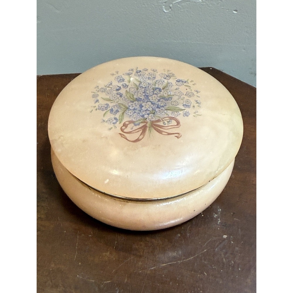 Vintage Italy Carved Alabaster Jewelry Box Hinged Lid Hand Painted Flowers 4.5"